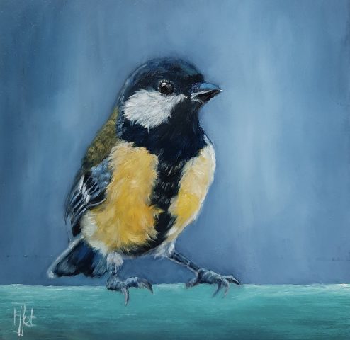 Vogelportret koolmees olieverf op paneel 15x15 cm