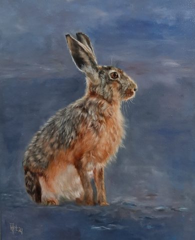 Haasje olieverf op linnen 40x50 cm beschikbaar