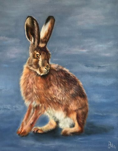 Haasje olieverf op linnen 40x50cm