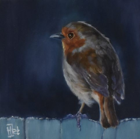 Vogelportret roodborstje op paneel 10x10 cm