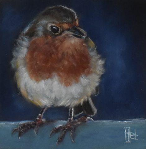Vogelportret roodborstje olieverf op paneel 10x10 cm